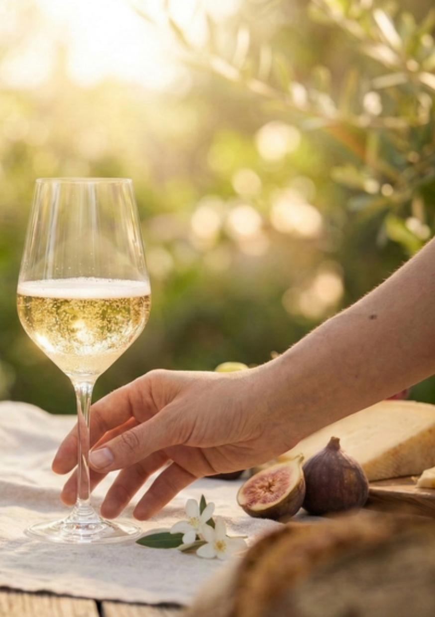 A table set with Favorita sparkling wine, figs and cheese